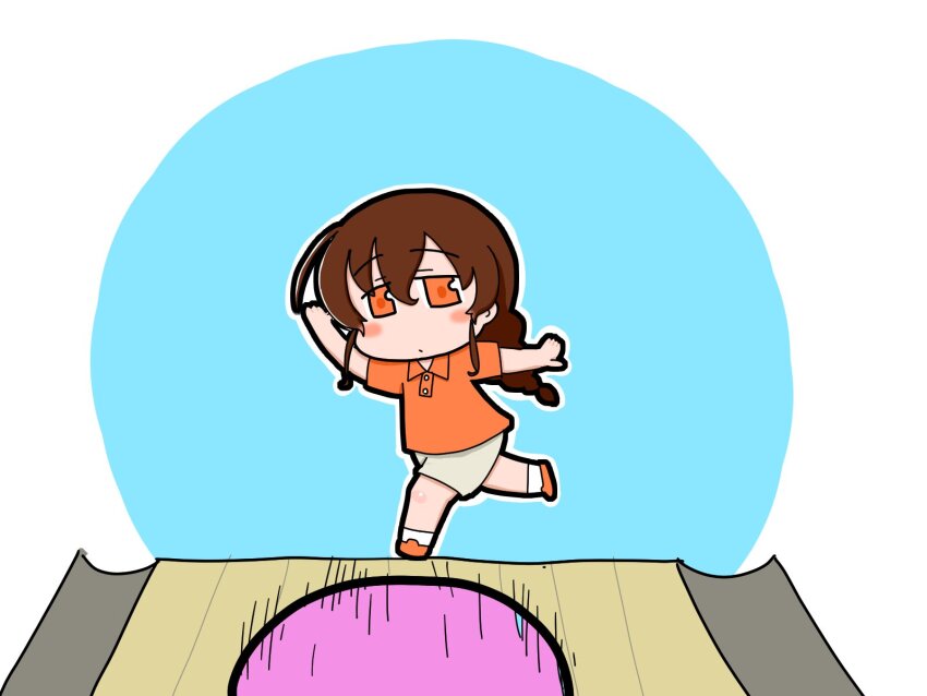 1girl ahiru-chan_(ahiruchan74205) aqua_background ball bowling bowling_alley bowling_ball braid brown_hair chibi collared_shirt full_body highres kantai_collection long_hair orange_eyes orange_shirt shirt shorts single_braid solo souya_(kancolle) t-shirt white_shorts