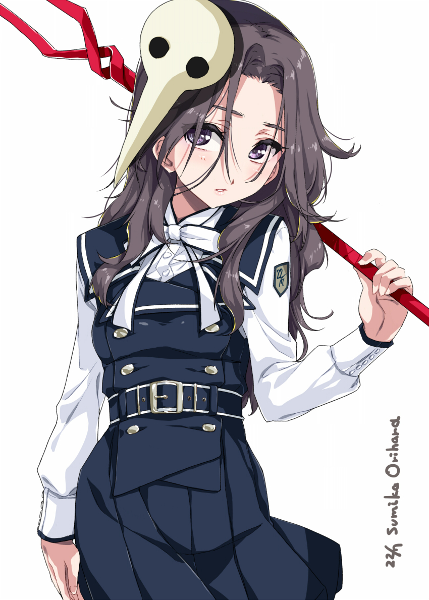 1girl 22/7 arm_at_side belt black_belt black_dress bow bowtie buttons character_name collared_shirt commentary_request cowboy_shot double-breasted dress grey_hair group_name hair_ornament highres holding holding_polearm holding_staff holding_weapon keisanchuu_new_costume kisairo_kaede lance_of_longinus_(evangelion) long_sleeves neon_genesis_evangelion orihara_sumika parted_lips pinafore_dress polearm purple_hair sachiel_(evangelion) shirt shirt_under_dress simple_background sleeveless sleeveless_dress solo spear_of_cassius staff standing wavy_hair weapon white_background white_bow white_bowtie white_shirt