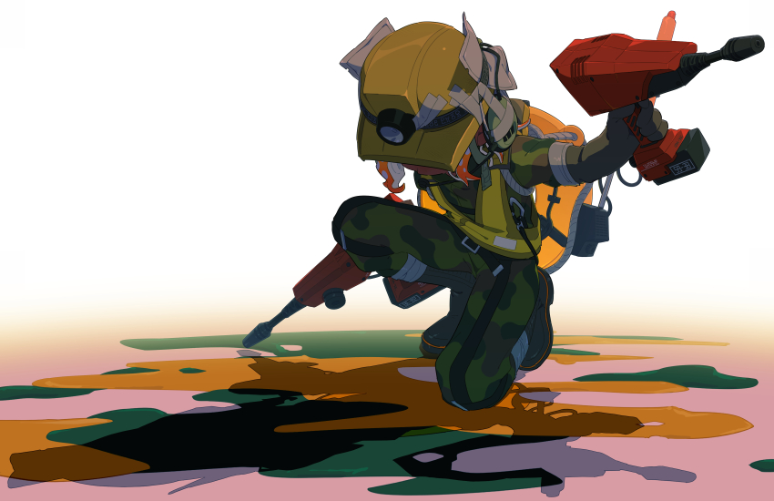 1boy absurdres boots commentary_request dark-skinned_male dark_skin dual_wielding dualie_squelchers_(splatoon) duct_tape full_body gloves green_boots green_gloves green_jumpsuit headlamp headset helmet high-visibility_clothing high-visibility_vest highres holding holding_weapon inkling inkling_boy inkling_player_character jumpsuit lifebuoy male_focus mining_helmet nintendo on_one_knee orange_hair rubber_boots rubber_gloves salmon_run_(splatoon) short_hair solo splatoon_(series) splatoon_3 surume01417 swim_ring tentacle_hair weapon yellow_helmet
