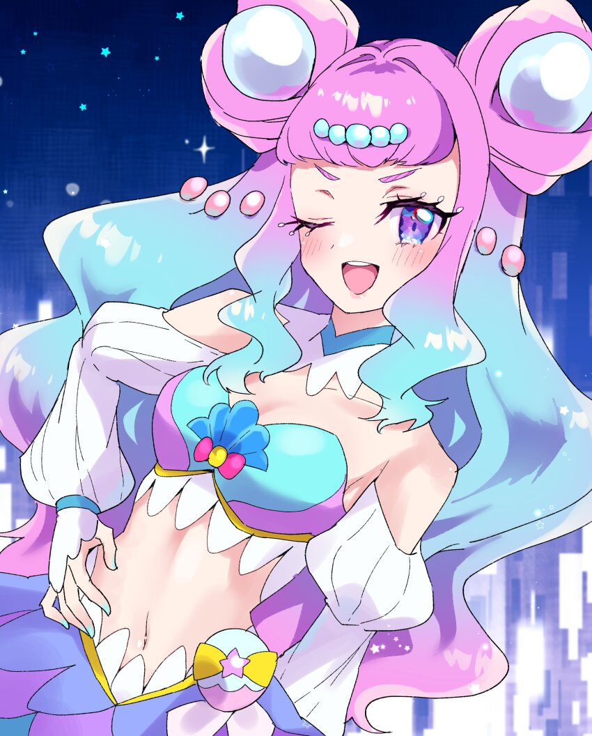 1girl absurdres blue_background blue_eyes blue_hair blue_nails breasts choker cure_la_mer eyelash_ornament gradient_background gradient_hair hair_ornament hand_on_own_hip heart heart_in_eye highres laura_la_mer layered_skirt leggings long_hair looking_at_viewer magical_girl midriff mikorin multicolored_eyes multicolored_hair nail_polish navel one_eye_closed open_mouth pearl_hair_ornament pink_eyes pink_hair pink_sailor_collar precure sailor_collar shell_brooch skirt small_breasts smile solo symbol_in_eye thick_eyelashes tropical-rouge!_precure upper_body very_long_hair white_choker white_leggings white_sleeves