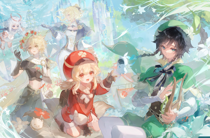 2boys 3girls a_ji aether_(genshin_impact) androgynous arm_support backpack bag bard beret black_hair black_scarf blonde_hair bloomers blue_capelet blue_eyes bow braid brown_gloves brown_shirt cabbie_hat cape capelet closed_mouth cloud clover_print coat collared_cape commentary_request detached_collar detached_sleeves dodoco_(genshin_impact) dress floating flower flower_wreath genshin_impact gloves gradient_hair green_cape green_eyes green_hat green_shorts hair_bow halo hat hat_ornament highres instrument jean_(genshin_impact) klee_(genshin_impact) kneeling leaf low_twintails lyre mechanical_halo multicolored_hair multiple_boys multiple_girls open_mouth outdoors paimon_(genshin_impact) pants pointy_ears ponytail red_coat red_eyes red_hat scarf shirt short_hair_with_long_locks shorts sidelocks sky strapless strapless_shirt tight_clothes tight_pants tree twin_braids twintails underwear venti_(genshin_impact) water white_dress white_hair white_pants yellow_eyes