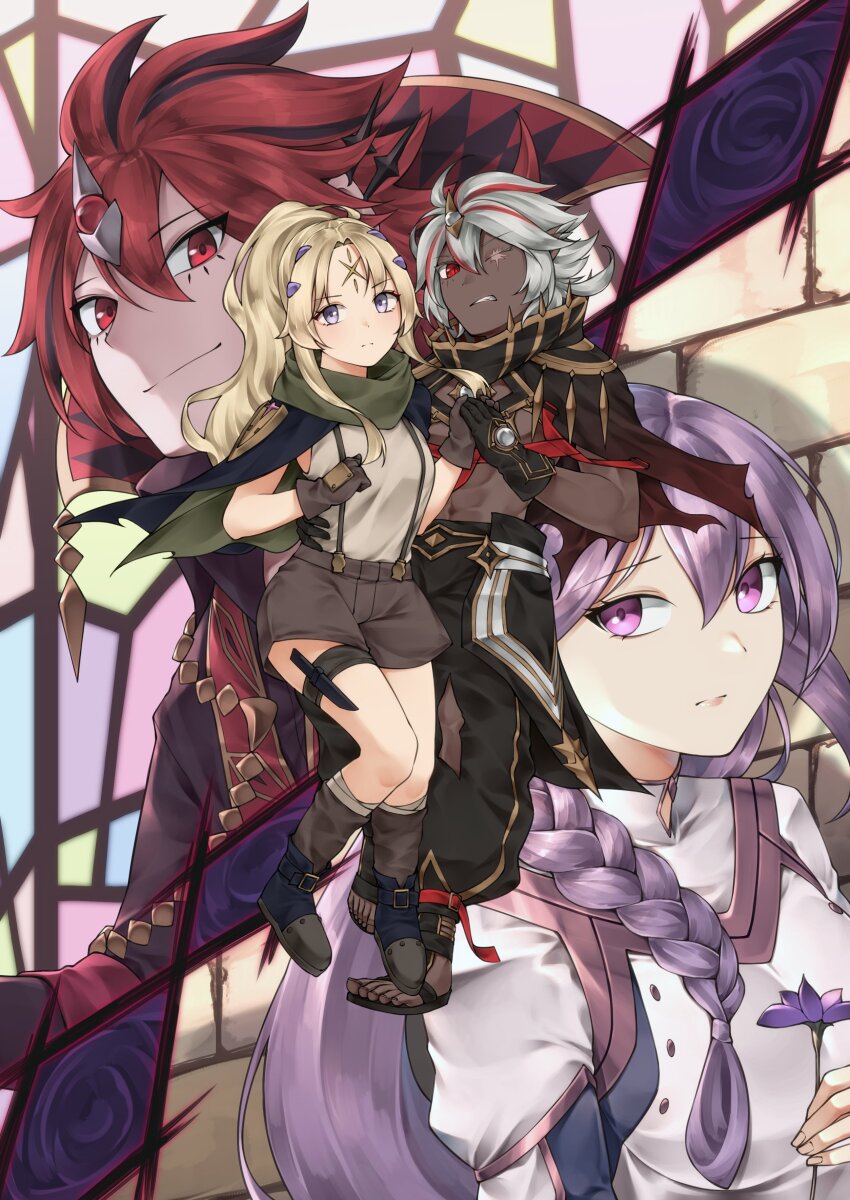 2boys 2girls absurdres albaz_(yu-gi-oh!) aluber_(yu-gi-oh!) aluber_the_jester_of_despia black_boots black_gloves blonde_hair blush boots braid breasts brown_gloves brown_shorts checkered_clothes closed_mouth dogmatika_fleurdelis_the_knighted duel_monster ecclesia_(yu-gi-oh!) facial_mark fallen_of_albaz fleurdelis_(yu-gi-oh!) flower forehead_mark full_body gloves hair_between_eyes highres holding holding_flower holding_hands incredible_ecclesia_the_virtuous knife long_hair looking_at_viewer medium_breasts meshida_(lux-far-accelerator) multicolored_hair multiple_boys multiple_girls official_alternate_costume one_eye_closed pants ponytail purple_eyes purple_hair red_eyes red_hair short_hair shorts smile stained_glass stomach thigh_strap very_long_hair yu-gi-oh!