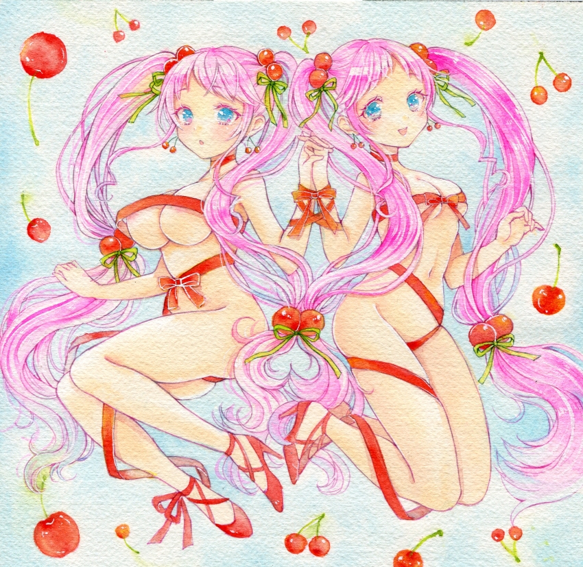 2girls amu_(m_aa) blue_eyes breasts cherry cherry_earrings cherry_hair_ornament commentary_request earrings food food-themed_earrings food-themed_hair_ornament food_themed_earrings fruit full_body green_ribbon hair_ornament hair_ribbon high_heels highres holding_hands jewelry jumping large_breasts long_hair multiple_girls naked_ribbon open_mouth original painting_(medium) parted_lips pink_hair red_ribbon red_shoes ribbon shoes small_breasts smile traditional_media twintails very_long_hair watercolor_(medium)