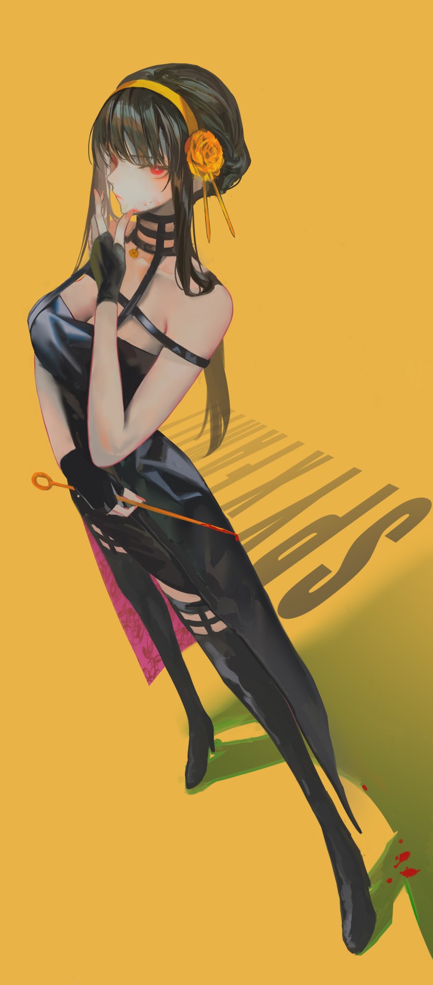 1girl absurdres black_boots black_dress black_gloves black_thighhighs blood blood_on_face bloody_weapon boots breasts bright_pupils cleavage closed_mouth collarbone commentary copyright_name dagger dress fingerless_gloves full_body gloves gold_hairband hairband hand_on_own_face hand_up high_heel_boots high_heels highres holding holding_dagger holding_knife holding_weapon kayakooooo knife large_breasts legs_apart long_hair looking_at_viewer perspective red_eyes shadow sidelocks sleeveless sleeveless_dress solo spy_x_family standing stiletto_(weapon) thigh_boots thighhighs weapon white_pupils yellow_background yor_briar