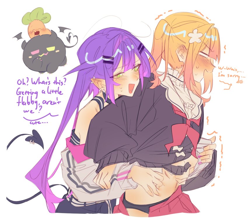 2girls absurdres belly_grab bibi_(tokoyami_towa) black_panties black_tank_top blonde_hair blush brown_cardigan cardigan cropped_legs demon_tail ear_piercing english_text fang flower frilled_shirt frills gradient_hair green_eyes hair_flower hair_ornament hairclip half-closed_eyes highres hololive hug hug_from_behind jacket legzy long_hair medium_hair midriff momosuzu_nene momosuzu_nene_(casual) multicolored_hair multiple_girls navel nekko_(momosuzu_nene) nervous_sweating off_shoulder open_mouth panties piercing pink_hair pointy_ears purple_hair shirt sidelocks skirt sweat tail tail_ornament tail_piercing talking tank_top tokoyami_towa tokoyami_towa_(1st_costume) twintails twitching underwear unzipped virtual_youtuber white_jacket white_shirt yuri