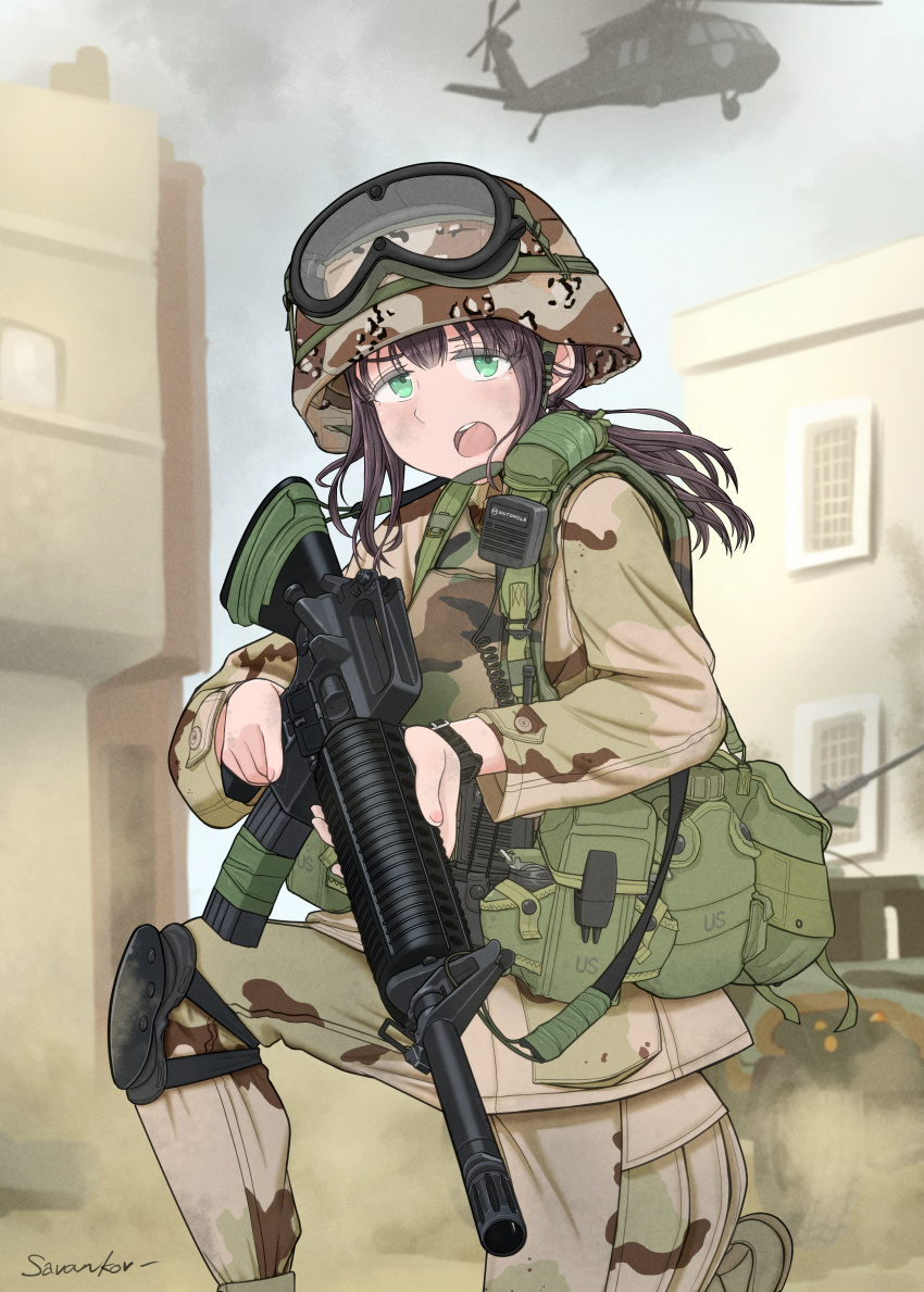 1girl absurdres aircraft alice_gear ammunition_pouch artist_name assault_rifle averting_eyes battle_of_mogadishu blue_eyes boots brown_boots brown_jacket brown_pants browning_m2 building bulletproof_vest camouflage camouflage_headwear camouflage_jacket camouflage_pants canteen combat_boots combat_helmet desert desert_camouflage explosive feet_out_of_frame goggles goggles_on_headwear green_eyes grenade gun gun_sling heavy_machine_gun helicopter helmet highres holding holding_gun holding_weapon humvee jacket jungle_style knee_pads load_bearing_equipment long_hair long_sleeves m16 m16a2 machine_gun manually-operated_mounted_gun military military_combat_uniform military_uniform motor_vehicle on_one_knee open_mouth original outdoors pants pasgt_helmet pouch purple_hair rifle savankov single_knee_pad soldier solo tape tareme uh-60_blackhawk united_states_army walkie-talkie weapon window woodland_camouflage