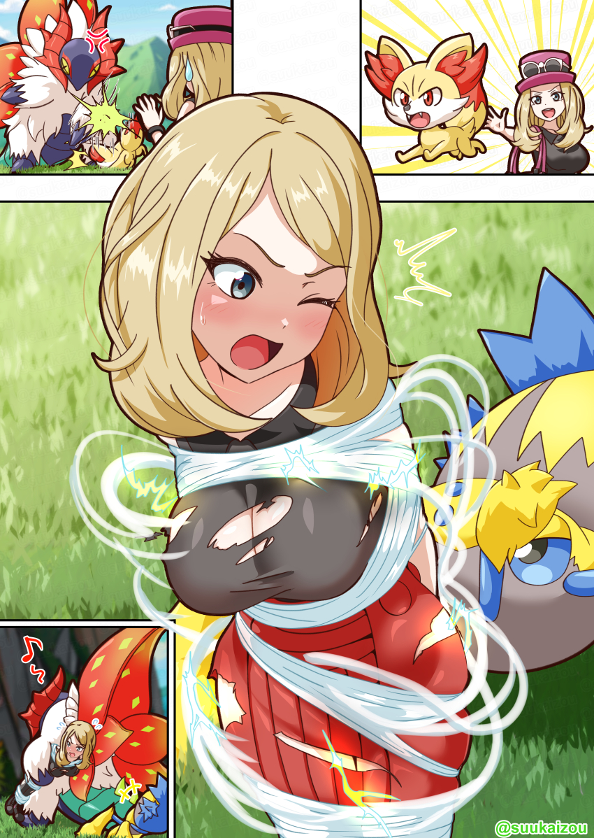 1girl ;o absurdres artist_name black_shirt blonde_hair blue_eyes blush breasts captured cleavage creatures_(company) fennekin galvantula game_freak gen_5_pokemon gen_6_pokemon gen_9_pokemon grass hat highres kidnapped long_hair medium_breasts multiple_others nintendo one_eye_closed outdoors oyu_(suukaizou) pokemon pokemon_(creature) pokemon_xy red_skirt sequential serena_(pokemon) shirt skirt sleeveless sleeveless_shirt slither_wing torn_clothes web