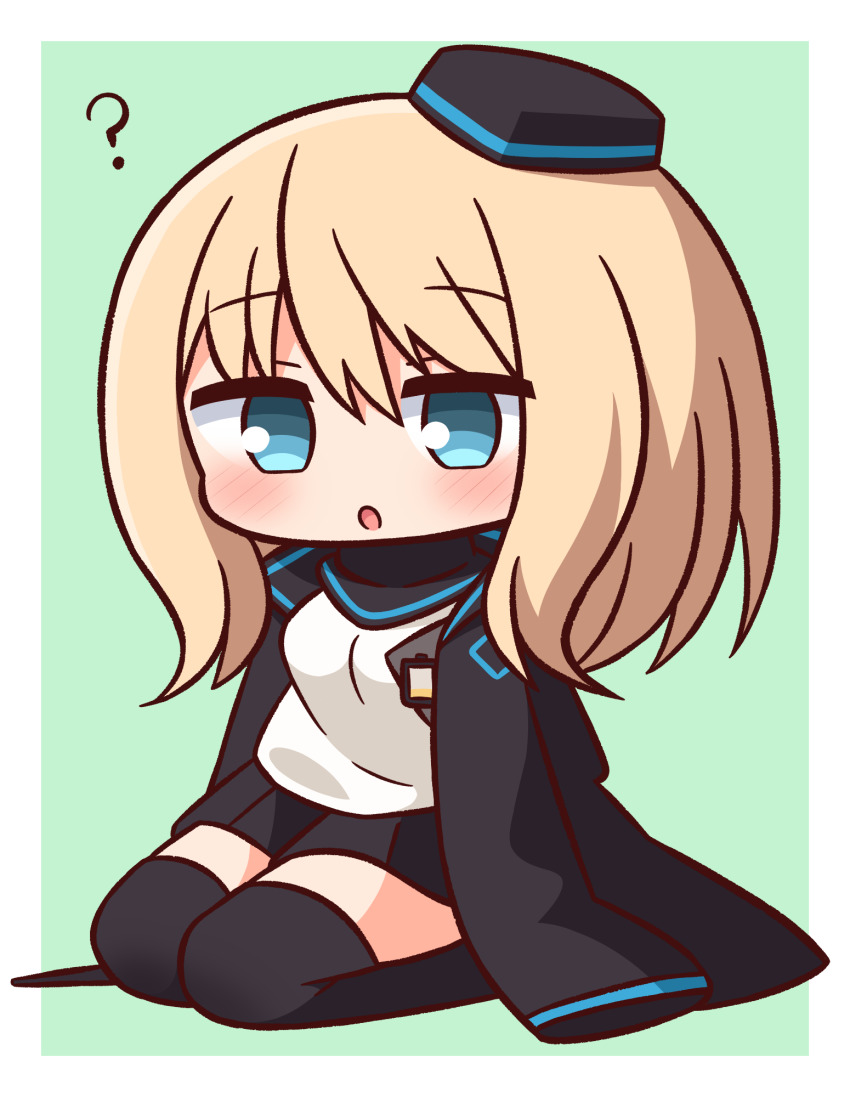 1girl :o ? arknights black_hat black_jacket black_skirt black_thighhighs blonde_hair blue_eyes blush breasts chibi commentary_request durin_(arknights) full_body garrison_cap garrod_ran green_background hair_between_eyes hana_kazari hat highres jacket long_hair long_sleeves looking_at_viewer open_clothes open_jacket parted_lips pleated_skirt seiza shadow shirt sitting skirt sleeves_past_fingers sleeves_past_wrists small_breasts solo thighhighs two-tone_background white_background white_shirt