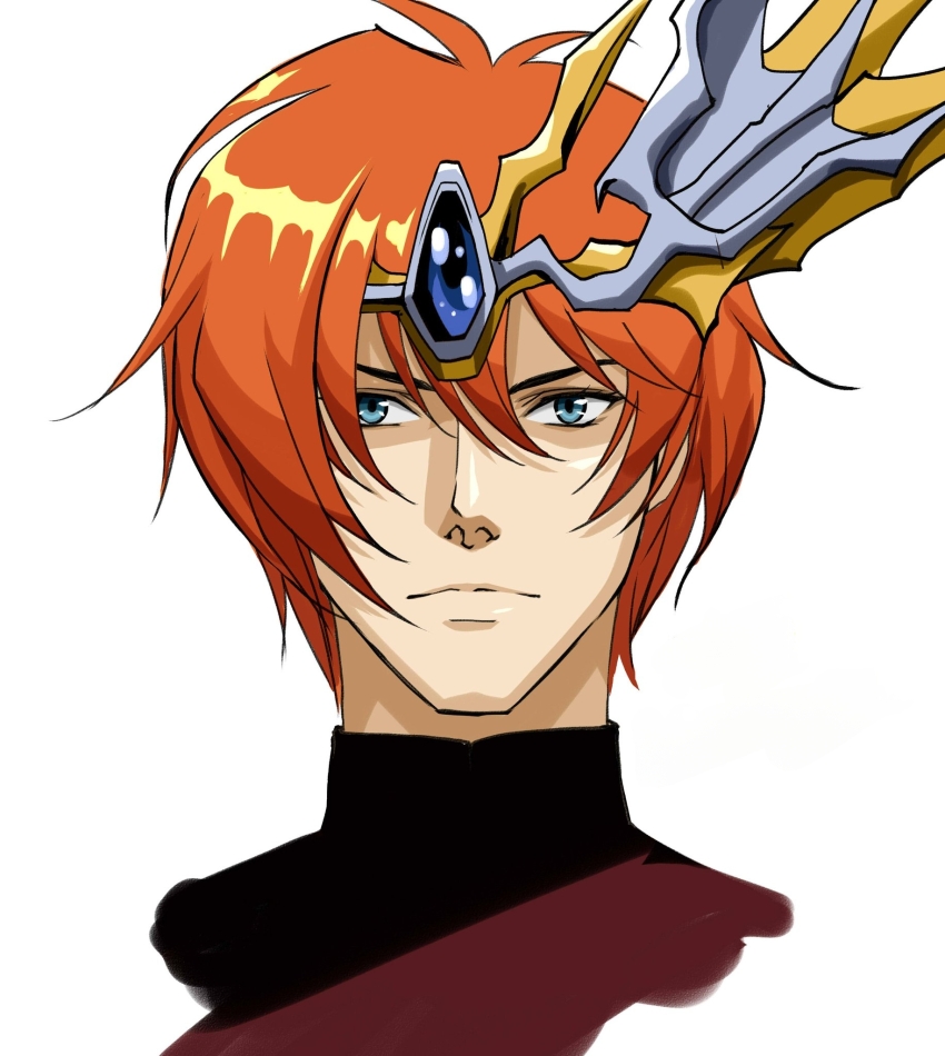 1boy blue_eyes elwin_(langrisser) highres king knight langrisser langrisser_ii langrisser_mobile male_focus manly orange_hair sword tiara weapon