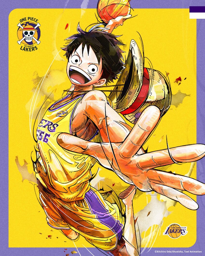 1boy artist_request ball basketball_(object) basketball_jersey basketball_uniform commentary copyright_name english_commentary hat highres jumping logo los_angeles_lakers male_focus mixed-language_commentary monkey_d._luffy national_basketball_association official_art one_piece promotional_art sandals sportswear straw_hat two-tone_background