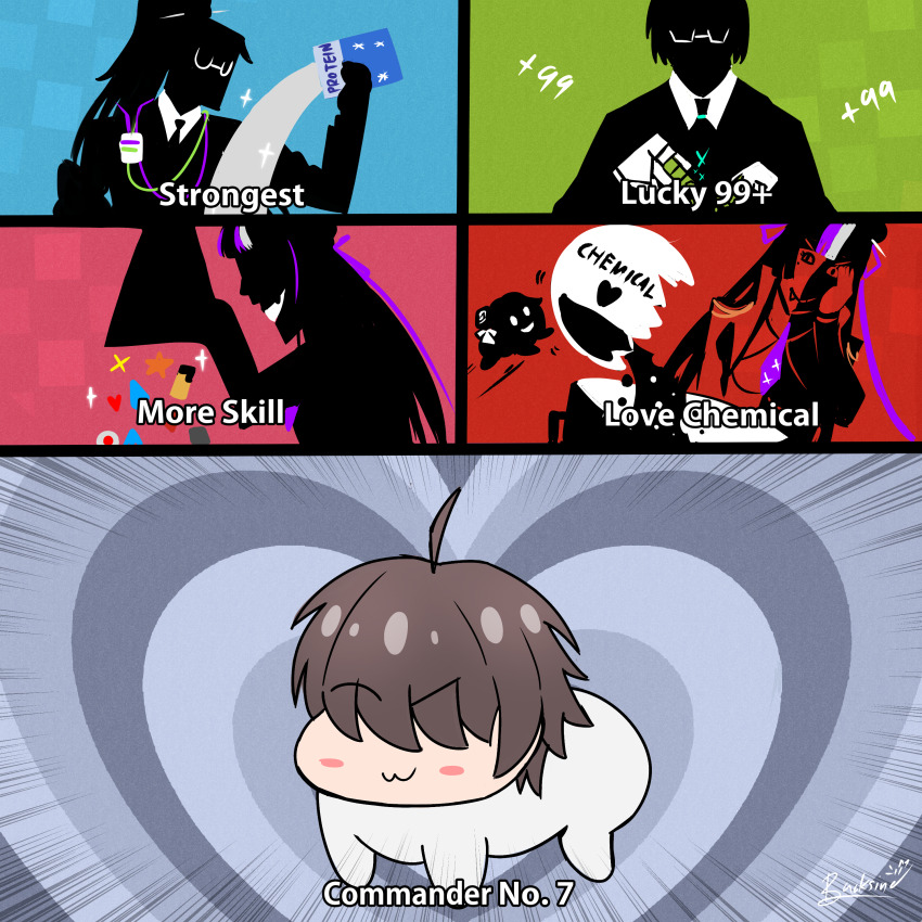 1boy 3girls :3 absurdres ahoge artist_name backsine black_necktie blush_stickers brown_hair character_name closed_mouth collared_shirt commander_(nikke) commentary creature doro_(nikke) english_commentary ether_(nikke) glasses goddess_of_victory:_nikke green_necktie hair_over_eyes heart highres jien_(nikke) long_hair mana_(nikke) multiple_girls necktie open_mouth powerpuff_girls purple_hair scene_reference shirt spoilers two-tone_necktie upper_body white_hair