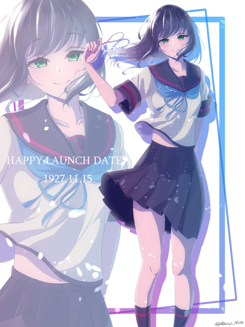 1girl absurdres anchor_symbol black_hair black_sailor_collar black_skirt black_socks collarbone commentary_request fubuki_(kancolle) fubuki_kai_ni_(kancolle) green_eyes hair_tie highres holding holding_hair_tie kantai_collection kneehighs long_hair looking_at_viewer midriff_peek navel neckerchief pleated_skirt sailor_collar school_uniform serafuku shirt skirt smile socks solo watermark white_shirt yoko_hata