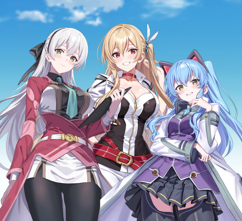 3girls alisa_reinford ao_no_kiseki aqua_necktie black_hairband black_pantyhose black_shirt black_skirt black_thighhighs blonde_hair blue_hair breasts cleavage coat commission eiyuu_densetsu elie_macdowell feather_hair_ornament feathers green_eyes grey_hair hair_ornament hairband hajimari_no_kiseki half_updo hidis0086 highres long_hair multiple_girls necktie one_side_up pantyhose pixiv_commission red_coat red_eyes sen_no_kiseki sen_no_kiseki_(series) sen_no_kiseki_iii sen_no_kiseki_iv shirt skirt smile thighhighs tio_plato two_side_up white_coat white_skirt yellow_eyes zero_no_kiseki