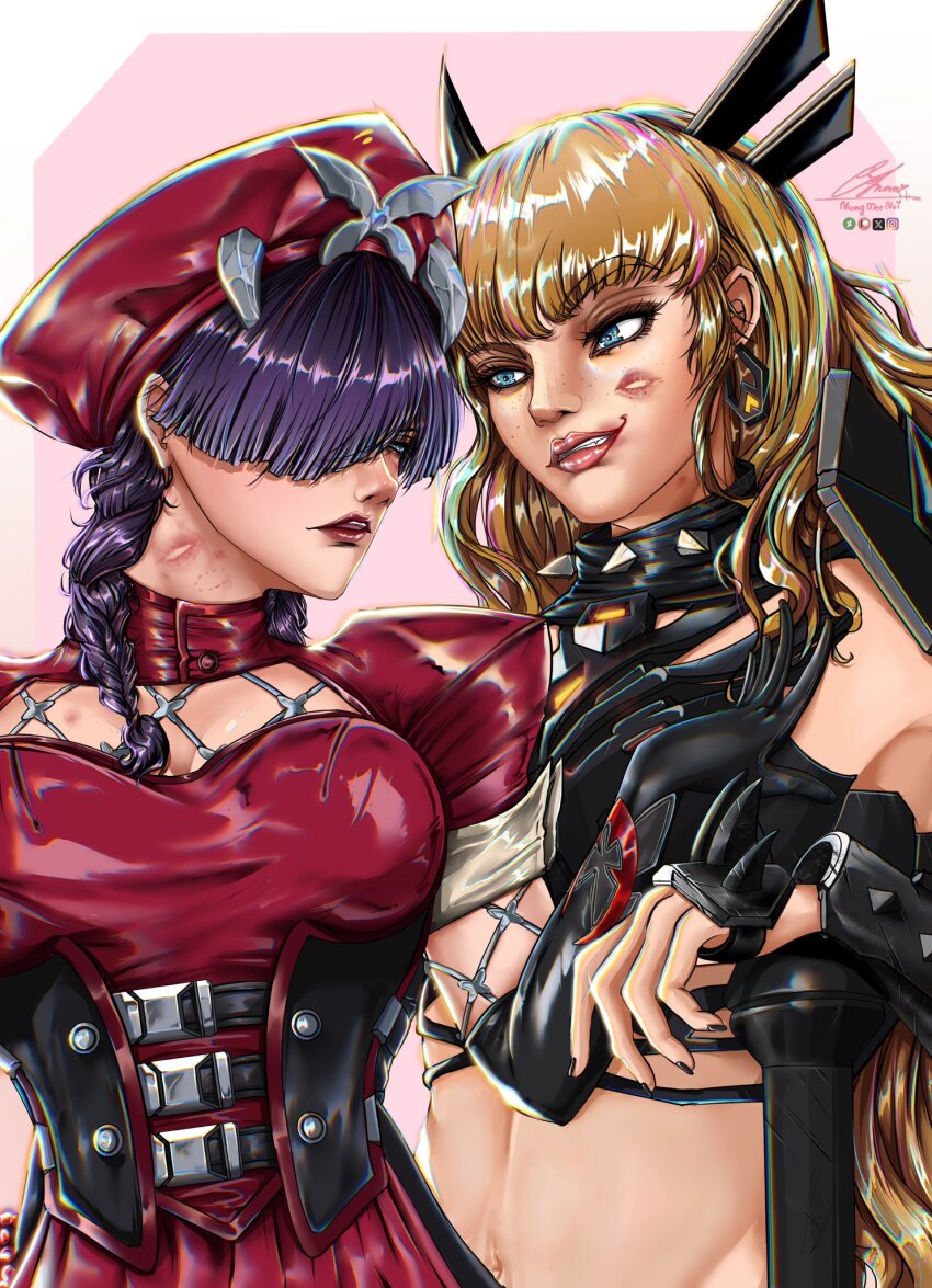 black_gloves black_hair blonde_hair blue_eyes braid breasts bug butterfly dress elbow_gloves gloves hair_over_one_eye hat highres insect large_breasts long_hair magik_(x-men) marvel marvel_rivals nungmeenui official_alternate_costume psylocke psylocke_(blood_kariudo) red_dress red_hat short_sleeves smile thighhighs twin_braids x-men yuri