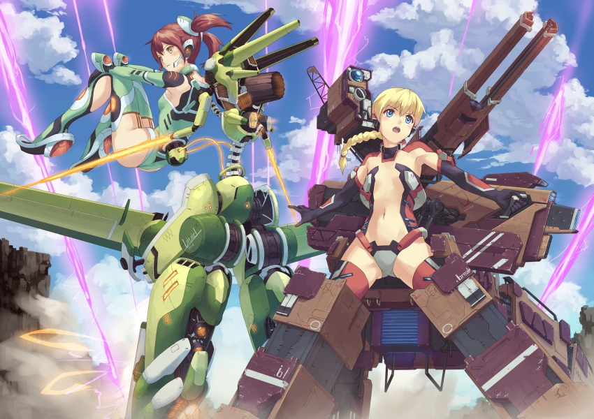 2girls armor ass battle beam blonde_hair blue_eyes bodysuit braid brown_hair cannon cloud eichisu exoskeleton flat_chest headset highres mecha_musume multiple_girls navel original power_armor quarterly_pixiv_9_original revealing_clothes short_twintails sky twintails yellow_eyes