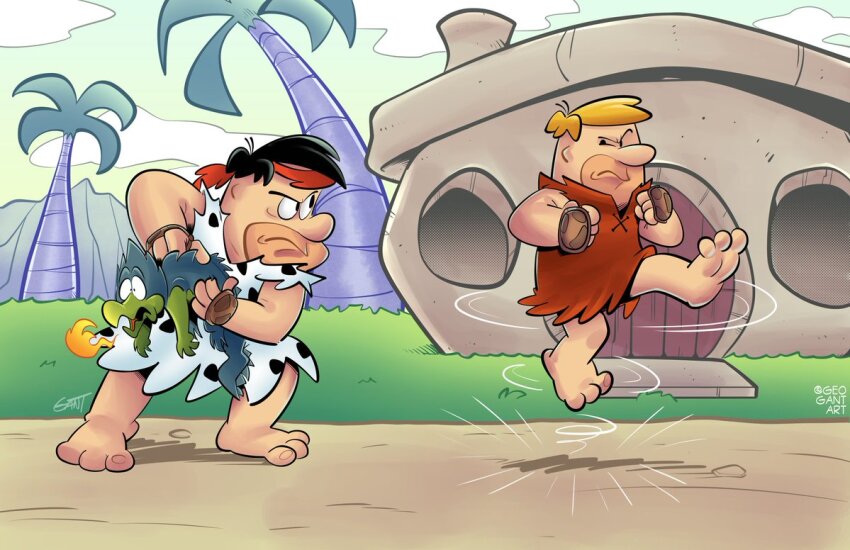animal artist_name barefoot barney_rubble cloud cosplay crossover dinosaur door fire fred_flintstone geogantart grass hadouken hanna-barbera holding holding_animal house ken_masters ken_masters_(cosplay) palm_tree ryu_(street_fighter) ryu_(street_fighter)_(cosplay) street_fighter tatsumaki_senpuukyaku the_flintstones tree wooden_door