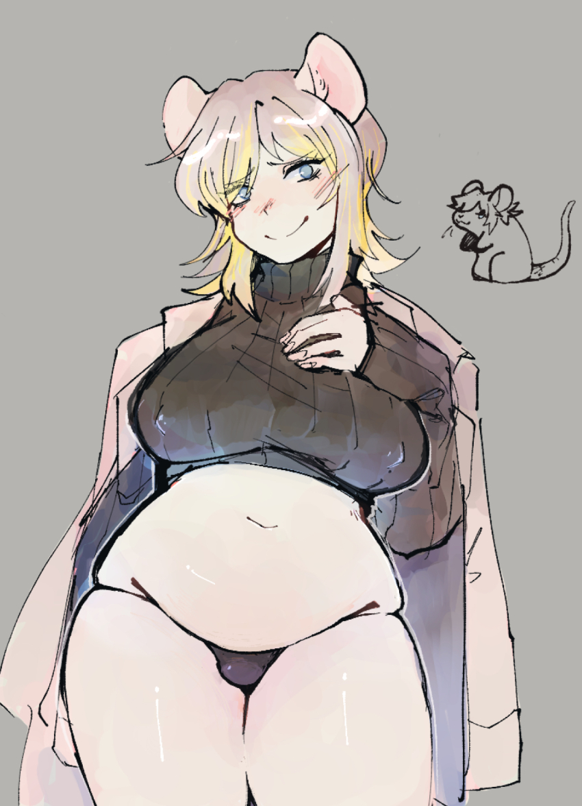 1girl animal_ears blue_eyes blush breasts closed_mouth coat faust_(project_moon) grey_background grey_hair highres lab_coat large_breasts limbus_company looking_at_viewer mouse_ears multicolored_hair n_corp._fanatic_(identity)_(project_moon) panties project_moon ribbed_sweater short_hair simple_background smile solo stomach streaked_hair sweater thighs turtleneck turtleneck_sweater underwear
