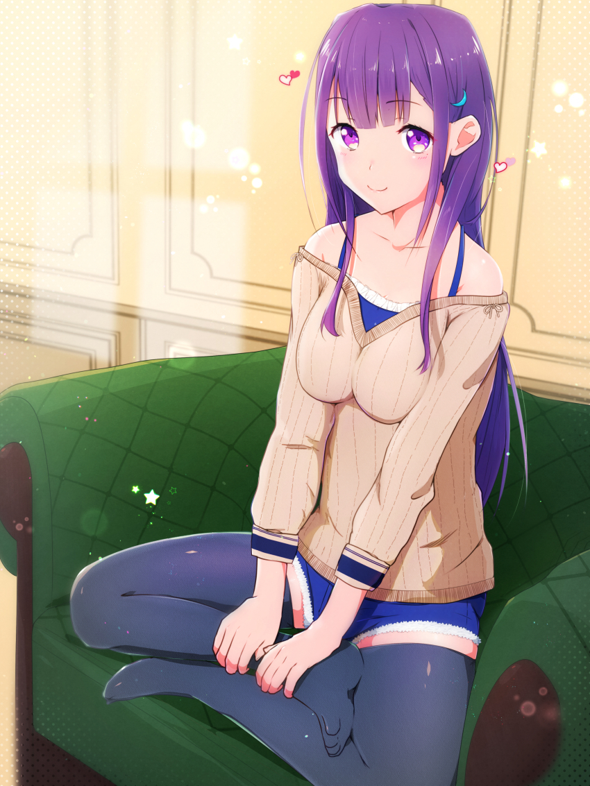 1girl 22/7 absurdres bare_shoulders black_thighhighs blue_camisole blue_shorts brown_shirt camisole center-flap_bangs closed_mouth collarbone couch full_body furoggu-gaburi hair_ornament heart highres ichinose_hotaru indian_style indoors lens_flare light_particles long_hair long_sleeves looking_at_viewer no_shoes off_shoulder on_couch purple_eyes purple_hair shirt short_shorts shorts sitting smile solo thighhighs