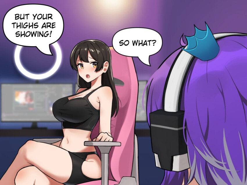 2girls breasts brown_hair chair crossed_legs crown english_text hand_rest headphones highres hip_vent kion-kun large_breasts long_hair merryweather midriff mini_crown monitor multiple_girls multiple_monitors navel open_mouth original purple_hair short_hair sitting speech_bubble thighs twitch twitch-chan_(merryweather)