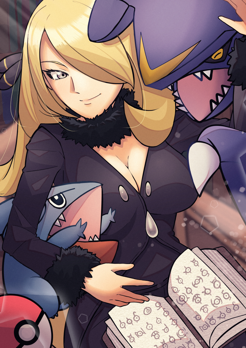 absurdres blonde_hair book breasts cleavage closed_mouth cynthia_(pokemon) fur_collar garchomp gen_4_pokemon gible grey_eyes hair_ornament hair_over_one_eye highres hug large_breasts long_hair nintendo noisezzz_(user_vwms5743) open_book poke_ball poke_ball_(basic) pokemon pokemon_(creature) pokemon_dppt sitting smile unownglyphics