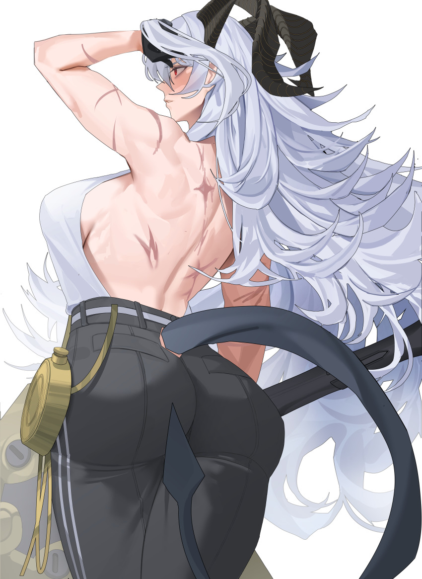 1girl absurdres arm_up ass back bare_back bare_shoulders black_gloves black_horns black_pants black_tail breasts closed_mouth commentary cowboy_shot curled_horns demon_tail gloves gong_dol_hong hand_in_own_hair highres horns large_breasts long_hair looking_afar looking_ahead median_furrow pants red_eyes scar scars_all_over shirt simple_background solo tail tight_clothes tight_pants too_many very_long_hair white_background white_hair white_shirt wuthering_waves zani_(wuthering_waves)