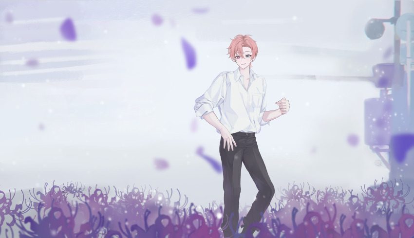 1boy absurdres black_boots black_pants blue_eyes boots brown_hair collared_shirt dress_shirt flower hair_between_eyes heterochromia highres long_sleeves male_focus original pants parted_bangs petals purple_flower red_eyes shirt solo white_shirt ysoa26