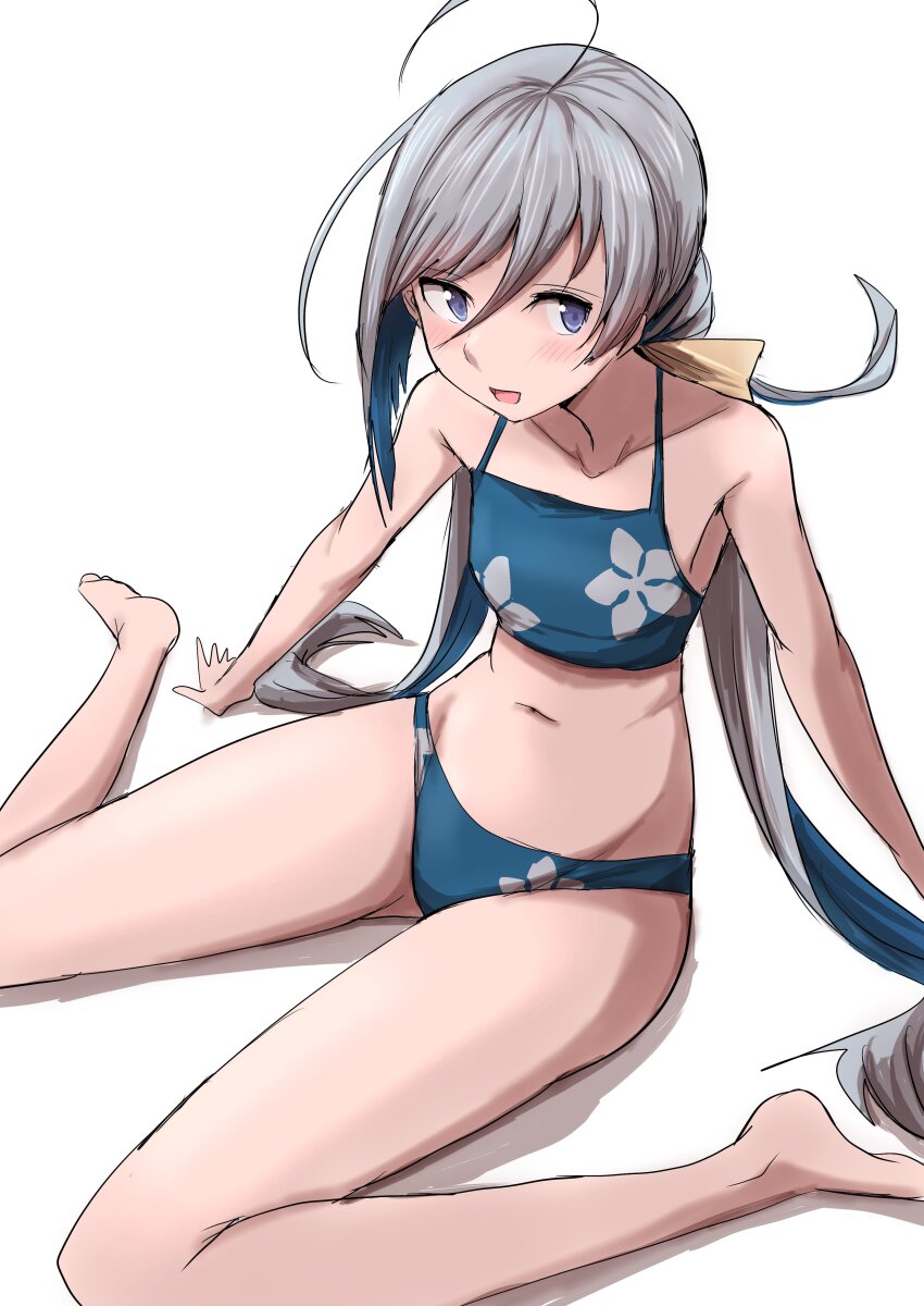 1girl absurdres ahoge bikini blue_bikini flat_chest grey_eyes grey_hair hair_between_eyes hair_bun highres kamaboko_senshi kantai_collection kiyoshimo_(kancolle) kiyoshimo_kai_ni_(kancolle) kiyoshimo_kai_ni_(swimsuit)_(kancolle) long_hair low_twintails simple_background single_hair_bun sitting solo swimsuit twintails very_long_hair wariza white_background
