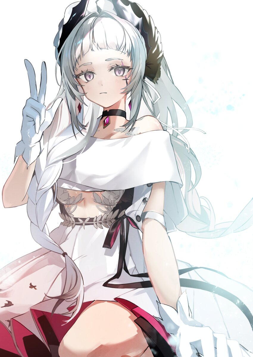 1girl absurdres arched_bangs arknights arm_up bare_shoulders black_choker black_ribbon bloom braid choker closed_mouth commentary expressionless gloves grey_eyes hair_intakes highres irene_(arknights) koda24 light_particles long_hair looking_at_viewer off_shoulder ribbon scar scar_across_eye scar_on_face simple_background sitting skirt solo w white_background white_gloves white_hair white_skirt