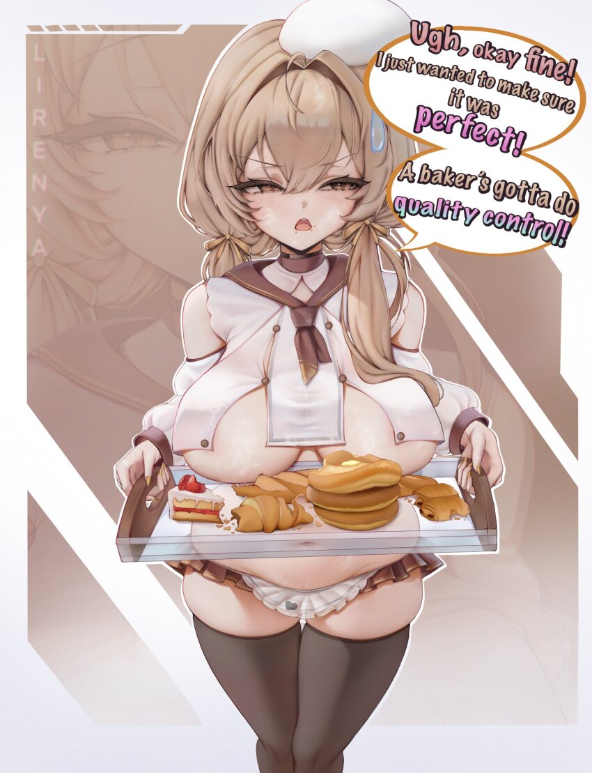1girl ahoge bready_(nikke) breasts brown_eyes brown_hair brown_ribbon brown_sailor_collar brown_skirt buttons cake chef clothing_cutout croissant english_text food food_on_face fruit goddess_of_victory:_nikke hair_intakes hair_ribbon hat heart highres holding holding_tray large_breasts lirenya long_hair long_sleeves microskirt navel open_mouth pancake pancake_stack plump ribbon sailor_collar shoulder_cutout skirt solo speech_bubble strawberry sweatdrop thigh_gap thighhighs tray white_hat yellow_nails