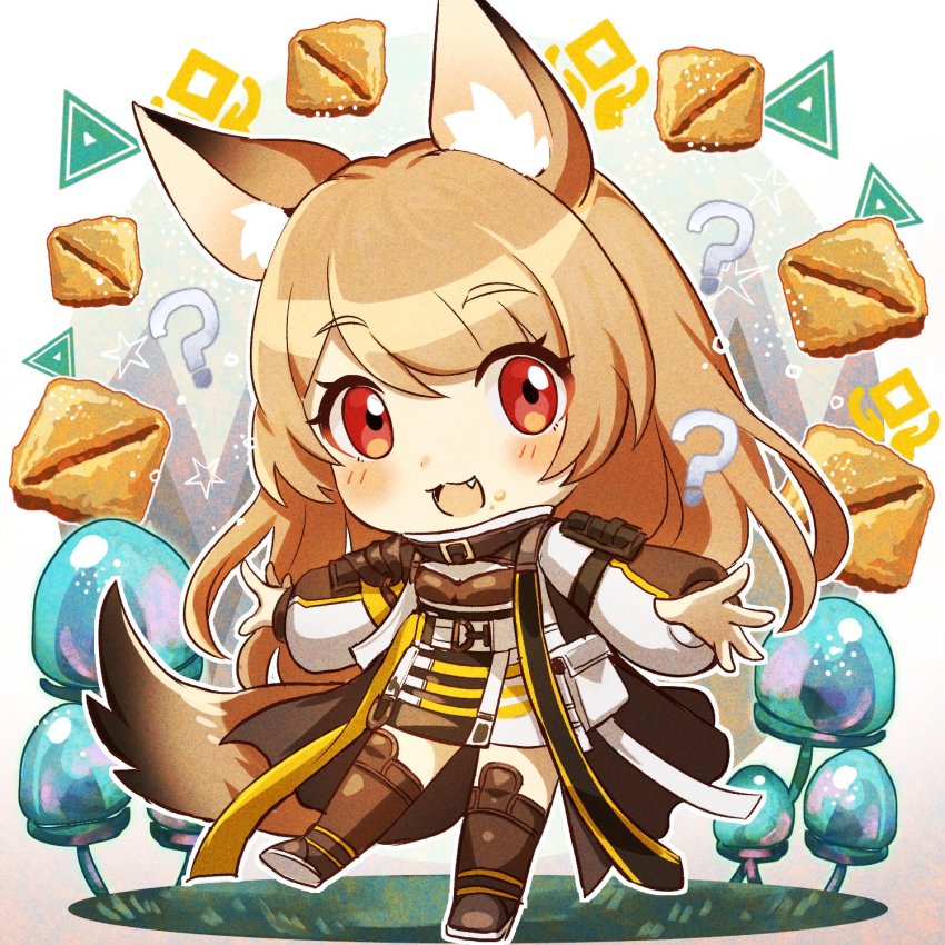 1girl :d ? animal_ear_fluff animal_ears arknights baklava blush boots brown_boots brown_hair ceobe_(arknights) commentary_request fang food food_on_face full_body hair_between_eyes highres jacket knee_boots long_hair long_sleeves looking_at_viewer nicole_(lion) open_mouth puffy_long_sleeves puffy_sleeves red_eyes shoe_soles smile solo standing standing_on_one_leg tail upper_body very_long_hair white_background white_jacket