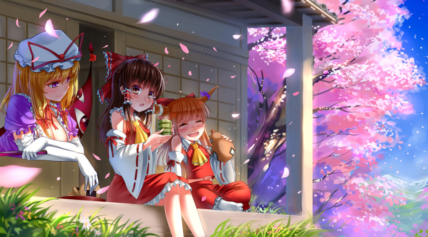 3girls ascot blonde_hair blush bow breasts brown_hair chain cherry_blossoms cleavage detached_sleeves dress elbow_gloves gap_(touhou) gloves hair_bow hair_tubes hakurei_reimu hat highres horn_ornament horn_ribbon horns ibuki_suika long_hair multiple_girls open_mouth orange_hair petals purple_eyes ribbon sitting smile touhou white_gloves white_legwear windtalker yakumo_yukari
