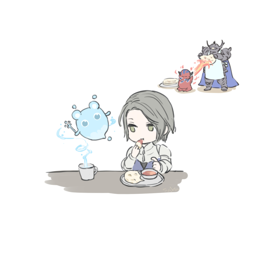 1girl 2boys armor blue_shirt bread chibi cooking cup dough eating final_fantasy final_fantasy_xiv fire food full_armor full_body gauntlets golbez highres holding holding_wand looking_at_another looking_to_the_side multiple_boys nixie_(ff14) plate pouring pyrokinesis red_robe robe rubicante saku_ff11 saucer shirt signature simple_background table upper_body wand white_background zero_(ff14)