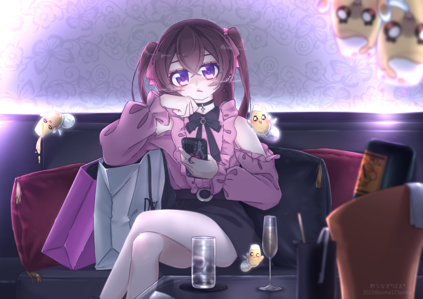 1girl aged_up alternate_costume bag black_bow black_bowtie black_choker black_skirt blurry blurry_foreground bow bowtie brown_hair cellphone champagne_flute choker closed_mouth clothing_cutout couch crossed_legs cup delicious_party_precure depth_of_field drinking_glass frilled_shirt frilled_sleeves frills frown hair_ribbon holding holding_phone indoors jewelry jirai_kei long_sleeves looking_at_viewer medium_hair miniskirt nagomi_yui on_couch pantyhose phone pink_ribbon pink_shirt poma123poma precure purple_eyes recipipi ribbon ring shirt shopping_bag shoulder_cutout sitting skirt smartphone solo twitter_username two_side_up white_pantyhose yami_kawaii