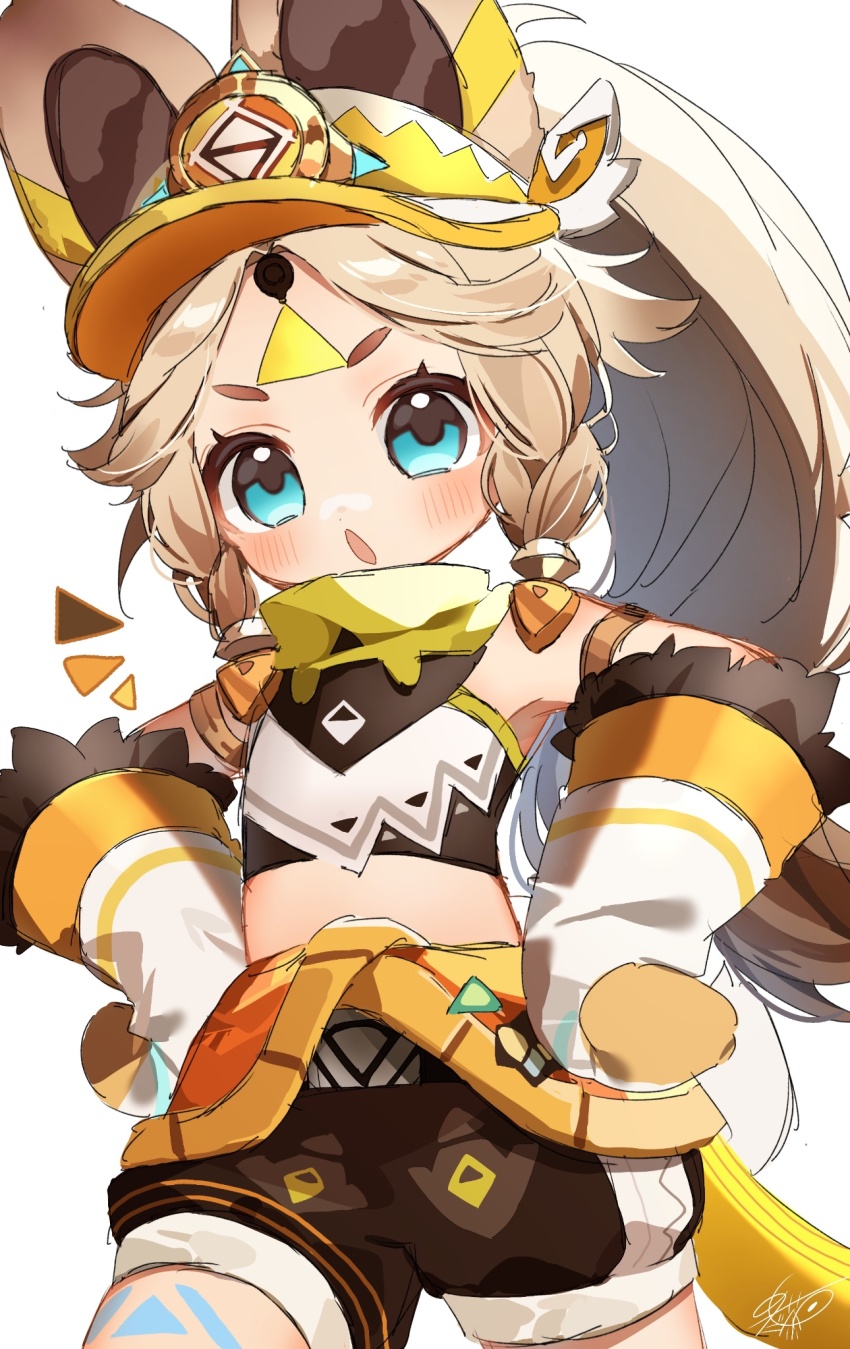 1girl :o animal_ears armlet artist_name bandana bare_shoulders black_shirt blonde_hair blue_eyes blush braid brown_hair brown_shorts clothes_around_waist commentary_request crop_top fur-trimmed_mittens fur_trim genshin_impact gradient_hair green_bandana hands_on_own_hips high_ponytail highres jacket jacket_around_waist jewelry kachina_(genshin_impact) leg_tattoo long_hair looking_at_viewer meda_cha midriff mittens multicolored_hair notice_lines open_mouth orange_jacket parted_bangs ponytail puffy_shorts shirt short_eyebrows short_shorts shorts side_braids sidelocks signature simple_background sleeveless sleeveless_shirt solo standing tail tattoo thick_eyebrows v-shaped_eyebrows visor_cap white_background white_mittens white_shirt