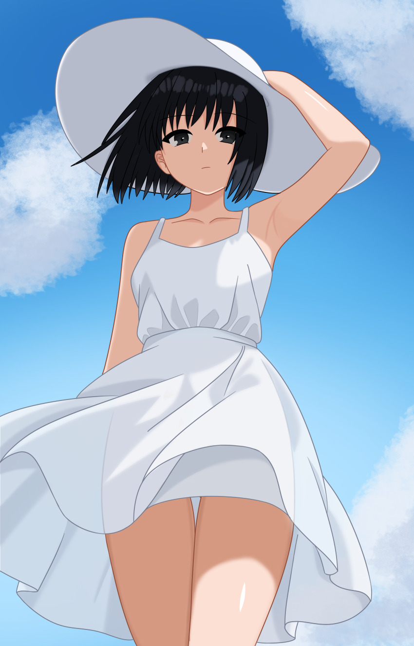 1girl absurdres arm_behind_head arm_up armpits bare_arms bare_shoulders black_eyes black_hair blush breasts closed_mouth collarbone dress fate/grand_order fate_(series) floating_clothes floating_hair full_body hat highres justcuyo kuonji_alice long_hair looking_at_viewer mahou_tsukai_no_yoru medium_breasts outdoors presenting_armpit short_hair skirt skirt_under_dress sky sleeveless sleeveless_dress solo standing sun_hat thighhighs type-moon white_dress white_hat wind zettai_ryouiki