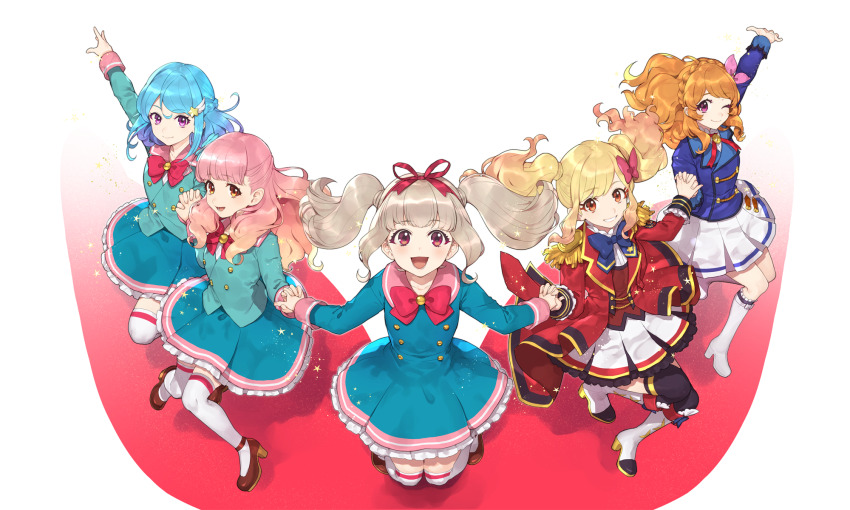 5girls :d ;) aikatsu!_(series) black_thighhighs blonde_hair blue_bow blue_bowtie blue_dress blue_hair blue_jacket blush boots bow bowtie brown_shoes closed_mouth collared_dress commentary_request dress frilled_dress frilled_skirt frills full_body gradient_hair grey_hair grin hair_ribbon high_heel_boots high_heels highres hitoto holding_hands jacket kiseki_raki knee_boots long_hair long_sleeves minato_mio multicolored_hair multiple_girls nijino_yume one_eye_closed open_clothes open_jacket open_mouth orange_eyes orange_hair ozora_akari parted_lips pink_eyes pink_hair red_bow red_bowtie red_eyes red_jacket red_ribbon ribbon shoes skirt smile textless_version thighhighs thighhighs_under_boots twintails white_background white_boots white_skirt white_thighhighs yuki_aine