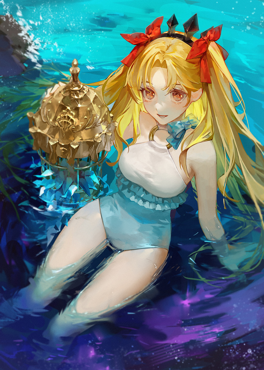 1girl bare_shoulders birdcage blonde_hair blue_one-piece_swimsuit bow breasts cage daeraeband ereshkigal_(fate) fate/grand_order fate_(series) hair_bow hairband highres long_hair looking_at_viewer medium_breasts o-ring one-piece_swimsuit open_mouth parted_bangs red_eyes smile solo space_ereshkigal_(fate) space_ereshkigal_(first_ascension)_(fate) swimsuit thighs two-tone_swimsuit two_side_up water white_one-piece_swimsuit