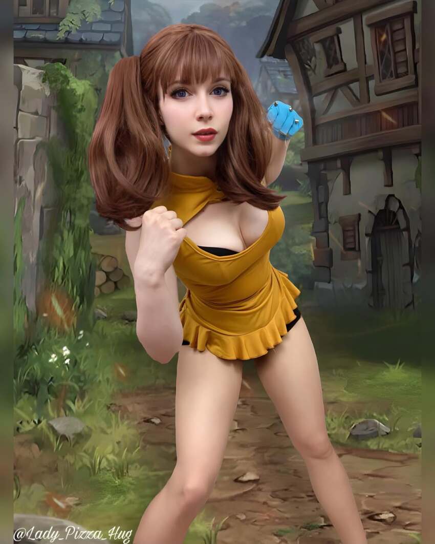 1girl bare_shoulders breasts brown_hair cleavage_cutout clothing_cutout cosplay cosplay_photo diane_(nanatsu_no_taizai) diane_(nanatsu_no_taizai)_(cosplay) gloves lady_pizza_hug large_breasts long_hair looking_at_viewer nanatsu_no_taizai photo_(medium) real_life shorts single_glove sleeveless twintails