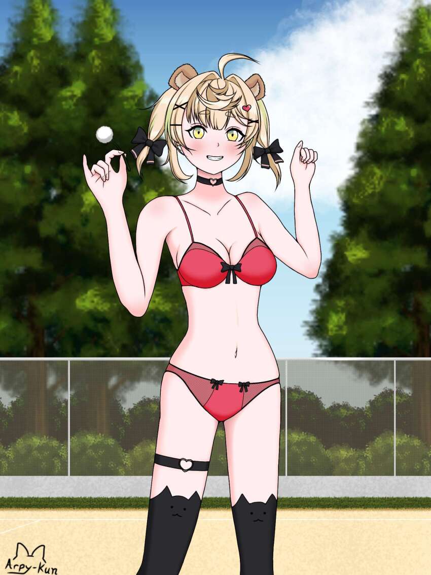 1girl ahoge animal_ears artist_name belly blush bow breasts bush commission daisy_dandelion eyebrows grass hair_bow hair_ornament hair_ribbon heart heart_hair_ornament highres chromashift knee_up knees_up looking_at_viewer navel outdoors ribbon smile solo standing teeth thighhighs thighs tree virtual_youtuber x_hair_ornament