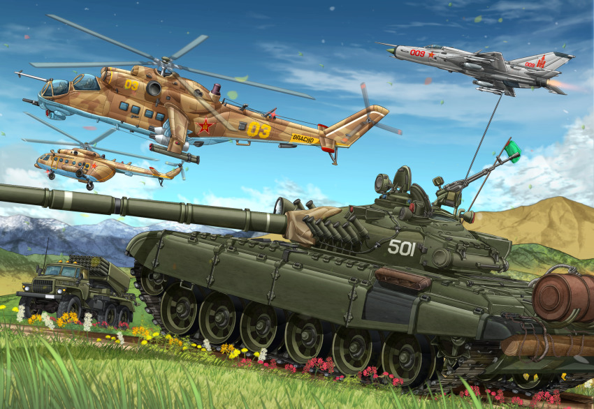 aircraft airplane akm assault_rifle attack_helicopter bm-21 brown_eyes brown_hair caterpillar_tracks cloud combat_webbing commentary_request dog flag flag_on_vehicle flower gloves goggles goggles_on_head graphite_(medium) gun hat hatch helicopter highres horse jet kalashnikov_rifle mi-24 mi-8 mig-21 mikeran_(mikelan) military military_uniform military_vehicle missile missile_pod motor_vehicle mountain original red_star rifle sky smoke_grenade_launcher star_(symbol) t-72 tank traditional_media truck vehicle_focus weapon