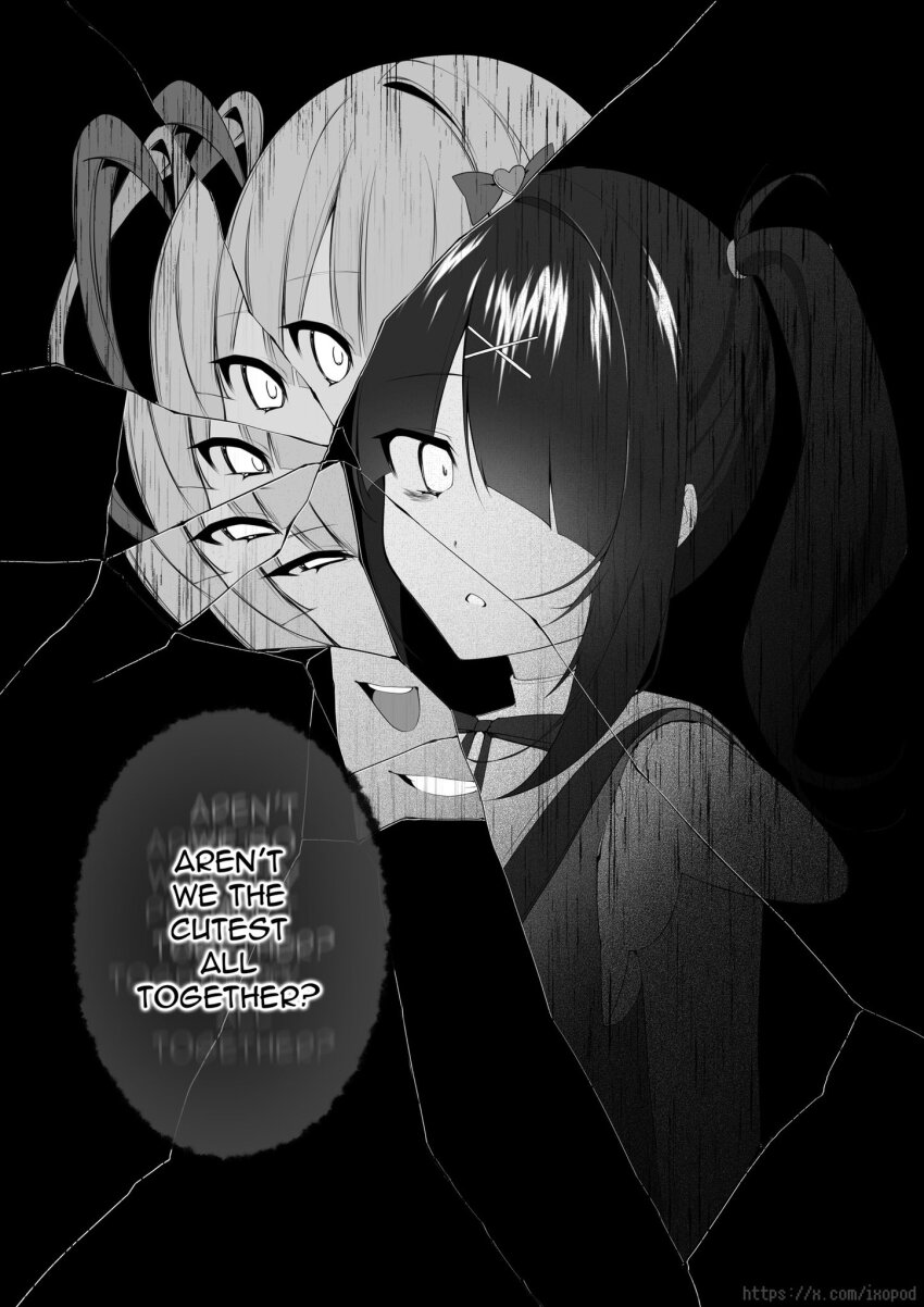 ame-chan_(needy_girl_overdose) black_hair broken_glass broken_mirror chouzetsusaikawa_tenshi-chan constricted_pupils dual_persona english_text evil_grin evil_smile glass greyscale grin hair_ornament hair_over_one_eye highres ixopod looking_at_self mirror monochrome multiple_views needy_girl_overdose open_mouth reflection reflection_focus sidelocks smile speech_bubble talking tri_tails wide-eyed x_hair_ornament