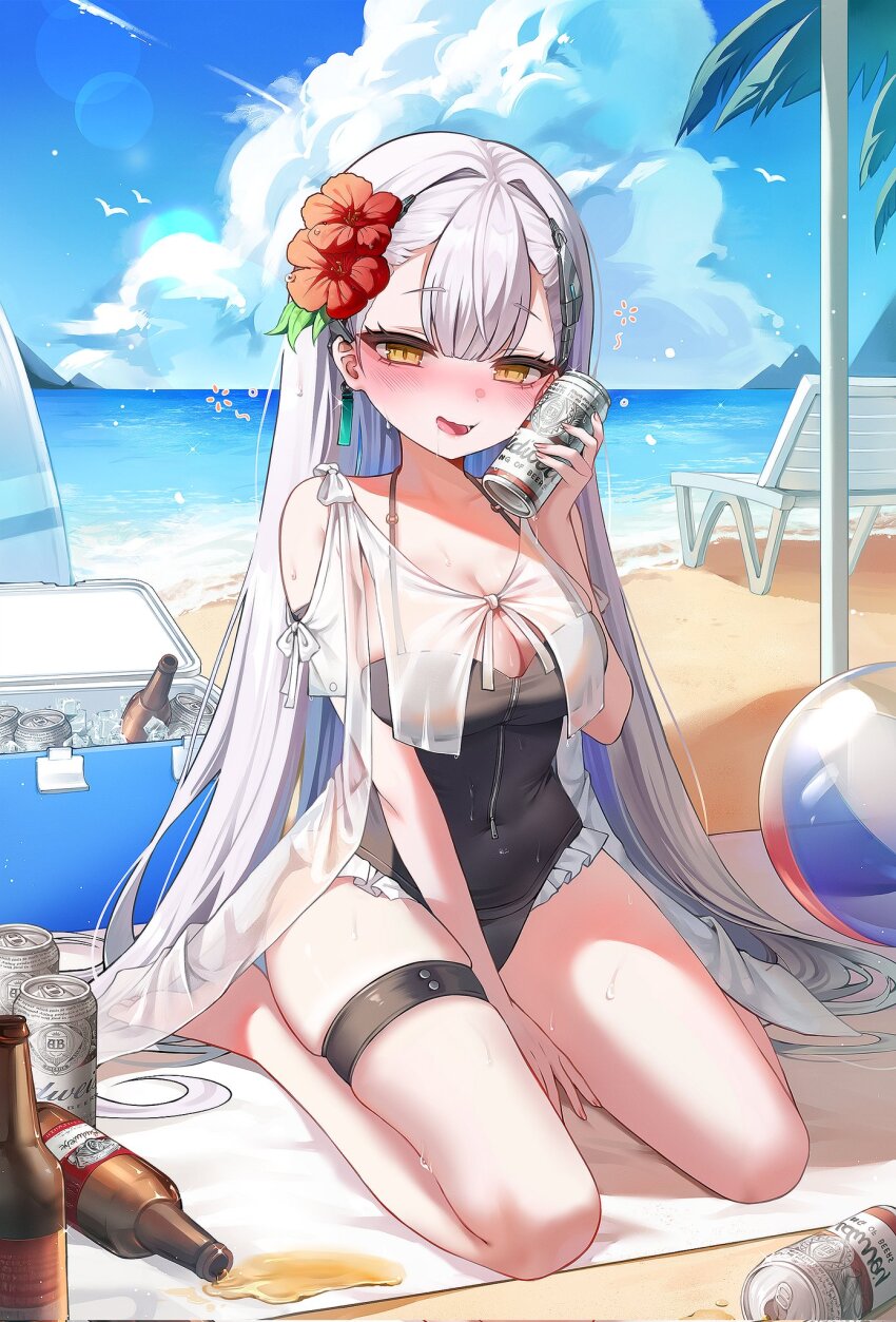1girl ak-alfa_(girls&#039;_frontline) beach beach_chair beer_bottle beer_can between_legs black_one-piece_swimsuit blue_sky blush bottle breasts budweiser can cleavage cloud commentary drink_can earrings english_commentary flower full_body girls&#039;_frontline girls&#039;_frontline_2:_exilium hair_flower hair_ornament hand_between_legs highres ice ice_cube jewelry long_hair looking_at_viewer minifridge nyan_(nyan12309) official_alternate_costume one-piece_swimsuit open_mouth red_flower simple_bird single_earring sitting skindentation sky smile solo swimsuit thigh_strap tololo_(celestial_river_at_dusk)_(girls&#039;_frontline_2) tololo_(girls&#039;_frontline_2) white_hair yellow_eyes