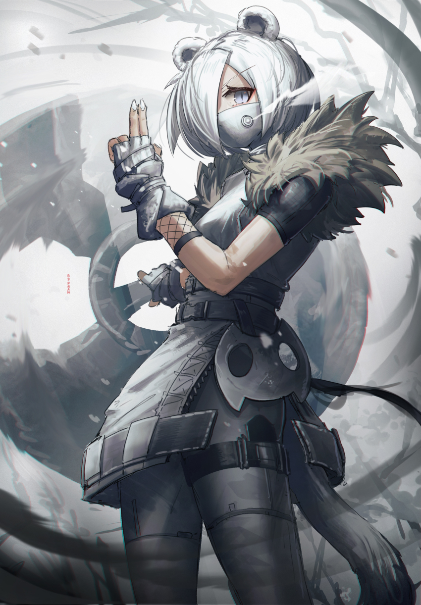 1girl absurdres animal_ears arknights blue_eyes commentary english_commentary fingerless_gloves fishnet_sleeves fishnets franlol fur_trim fuuma_shuriken gloves hair_over_one_eye highres holding holding_shuriken holding_weapon looking_at_viewer mask mesh mouth_mask ninja_mask official_alternate_costume shirayuki_(arknights) shirayuki_(wind_of_breaking_blade)_(arknights) short_hair short_sleeves shuriken solo steam stoat_girl tail weapon weasel_ears weasel_girl weasel_tail white_gloves white_hair white_mask white_nails white_theme