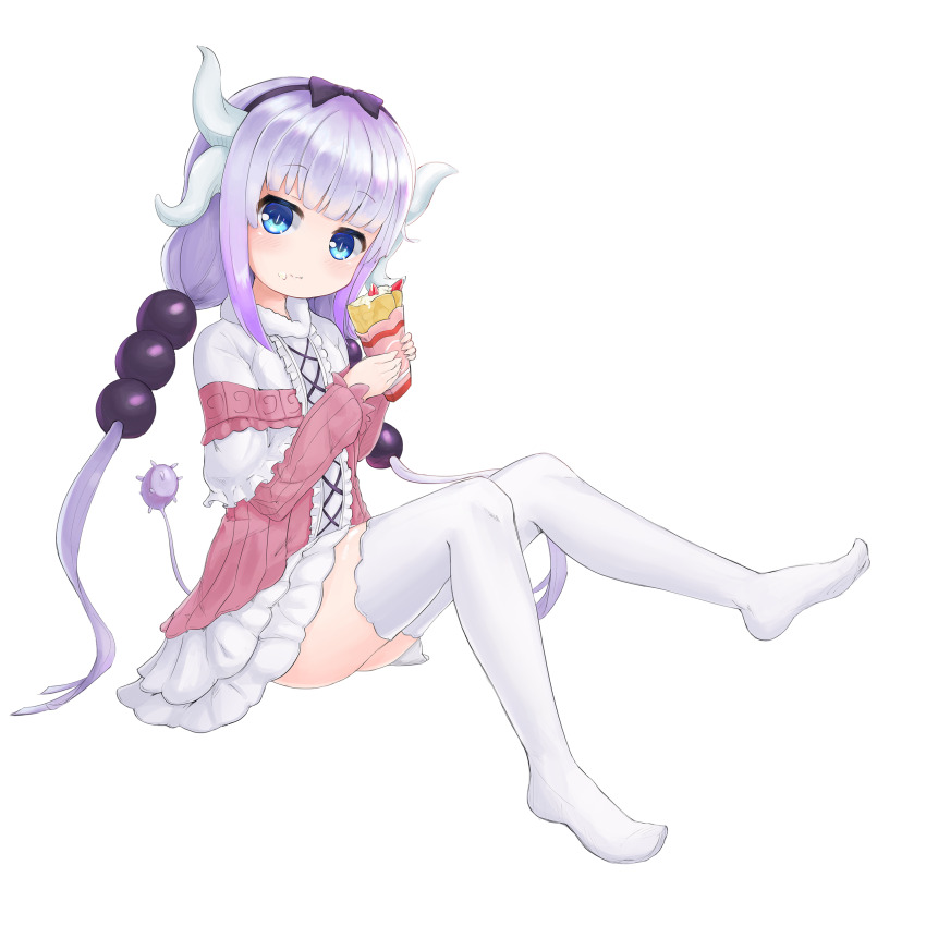 2drr absurdres beads black_hairband blue_eyes bow crepe dragon_horns dress eating food gradient_hair hair_beads hair_ornament hairband highres horns kanna_kamui kobayashi-san_chi_no_maidragon long_hair multicolored_hair no_shoes solo tail thighhighs twintails white_background