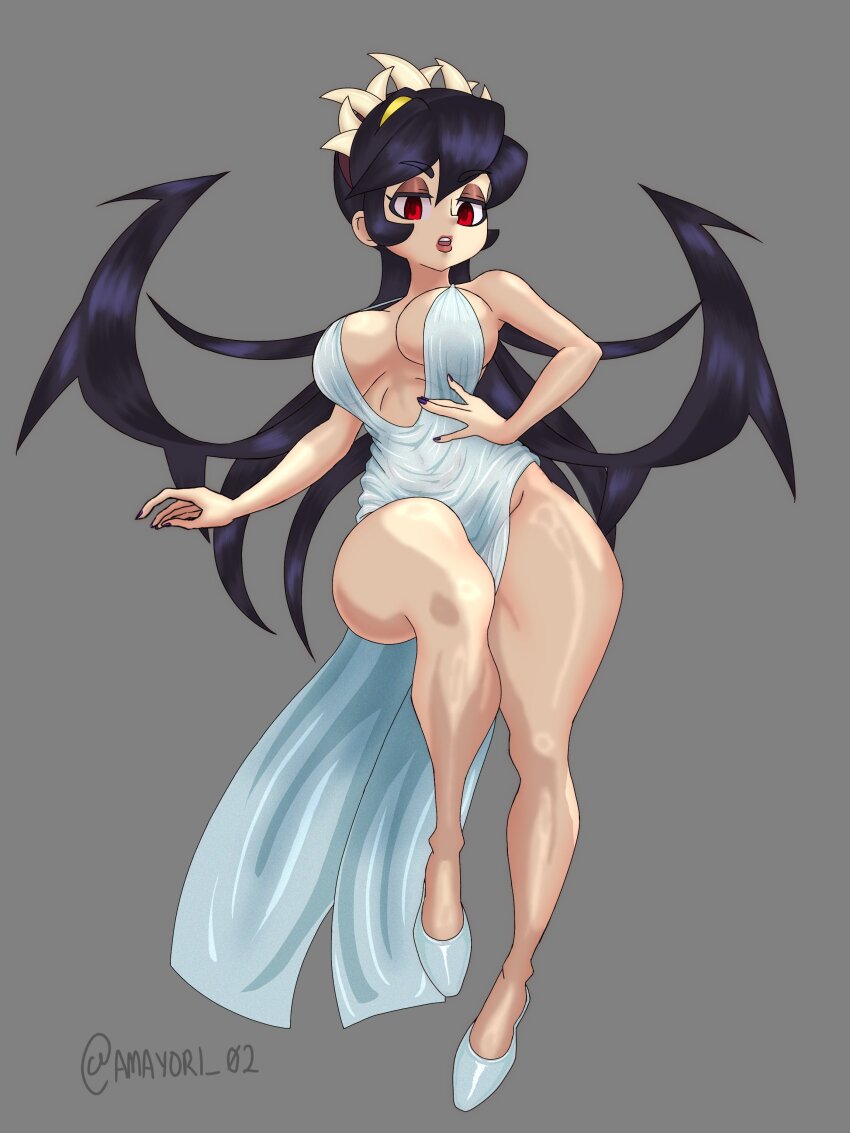 1girl 4m4y0r1 absurdres alternate_costume black_nails blue_hair breasts dress filia_(skullgirls) grey_background grey_hair high_heels highres large_breasts lipstick long_hair looking_at_viewer looking_down makeup nail_polish open_mouth red_eyes red_lips skullgirls solo thick_thighs thighs wide_hips