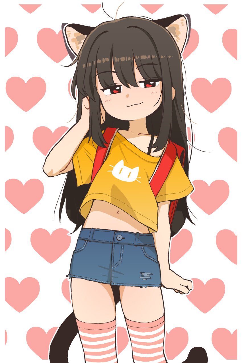 1girl :3 absurdres animal_ears backpack bag black_hair border cat_ears cat_girl cat_tail collarbone commentary denim denim_shorts english_commentary hand_in_own_hair hand_up heart heart_background highres long_hair looking_at_viewer midriff navel orenjipiiru original outside_border over-kneehighs red_bag red_eyes shirt short_shorts short_sleeves shorts smug solo striped_clothes striped_thighhighs tail thighhighs white_background white_border yellow_shirt