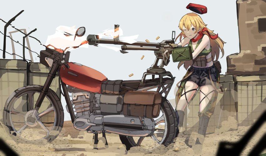 12.7x108mm 1girl absurdres ak-47_(girls&#039;_frontline) ammunition_box anti-materiel_cartridge bandana bare_shoulders beret black_shorts blonde_hair blue_eyes boots shell_casing clenched_teeth commission dshk firing gar32 girls&#039;_frontline gun hat heavy_machine_gun highres hmg_cartridge long_hair machine_gun magnum_cartridge military_cartridge motor_vehicle motorcycle one_eye_closed outdoors red_bandana rifle_cartridge shell_casing shorts solo standing supersonic_ammunition tank_top teeth weapon
