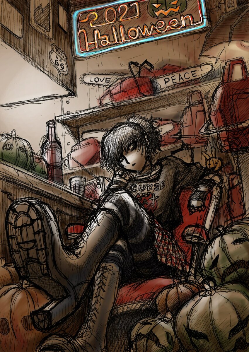 black_lagoon boots bottle chainsaw chair frederica_sawyer halloween high_heels ida_tatsuhiko jack-o&#039;-lantern radio road_sign sign