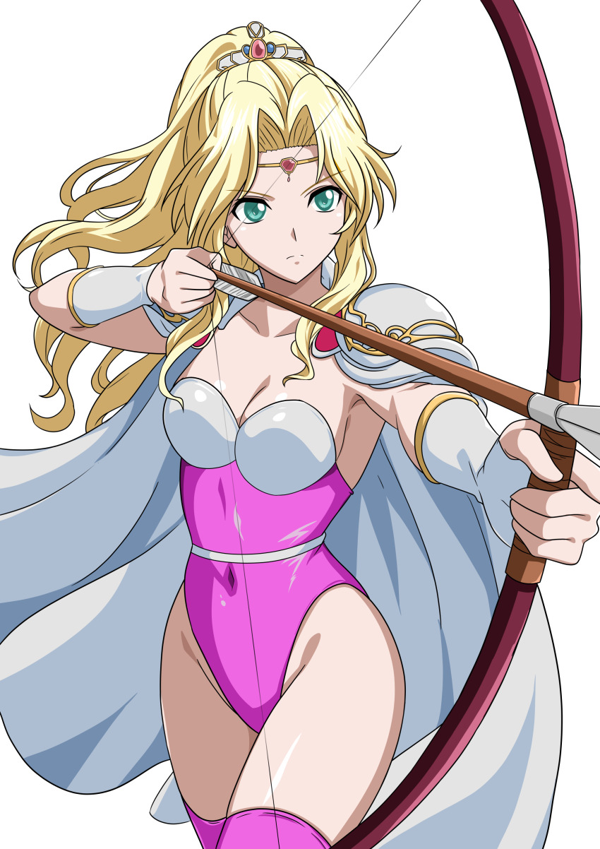 1girl absurdres aiming armor arrow_(projectile) blonde_hair blue_eyes bow_(weapon) breasts cape circlet commentary_request commission covered_navel final_fantasy final_fantasy_iv gauntlets highleg highleg_leotard highres leotard long_hair pink_leotard pink_thighhighs pixiv_commission ponytail rosa_farrell shoulder_armor simple_background solo square_enix strapless strapless_leotard thighhighs weapon white_background white_cape yuuyuu_(3jjbn)