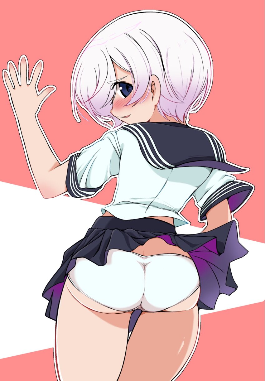 1girl ass black_sailor_collar black_skirt blue_eyes blush butt_crack character_request clothes_lift commentary_request copyright_request cowboy_shot from_behind hand_up highres kobawan_dam looking_at_viewer panties parted_lips pink_hair pleated_skirt sailor_collar school_uniform serafuku shirt short_hair skirt skirt_lift solo two-tone_background underwear white_panties white_shirt